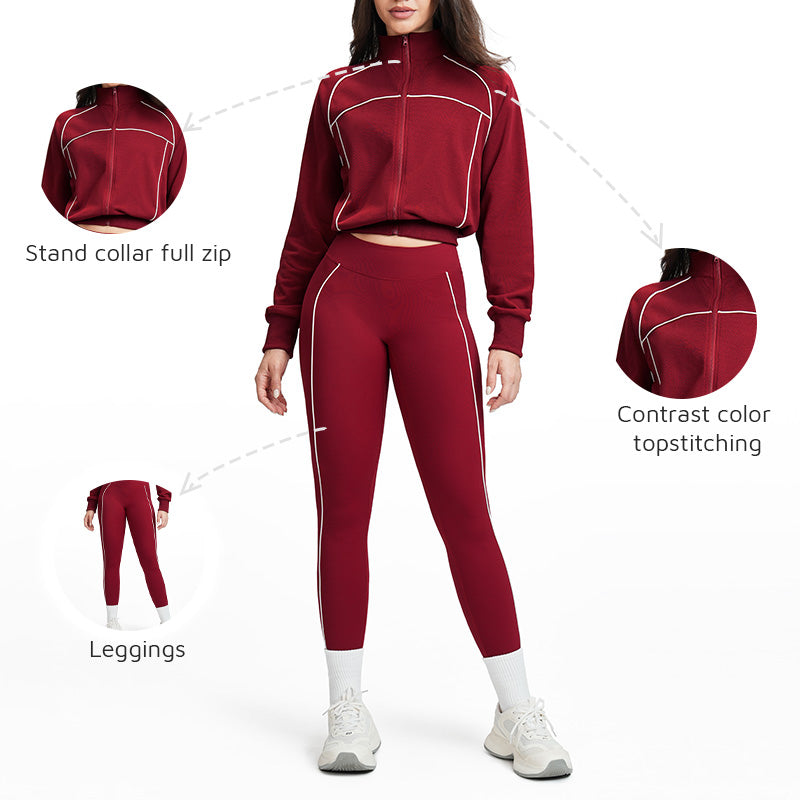 Color-blocked loose-fitting jacket + high-waisted leggings 2-piece set