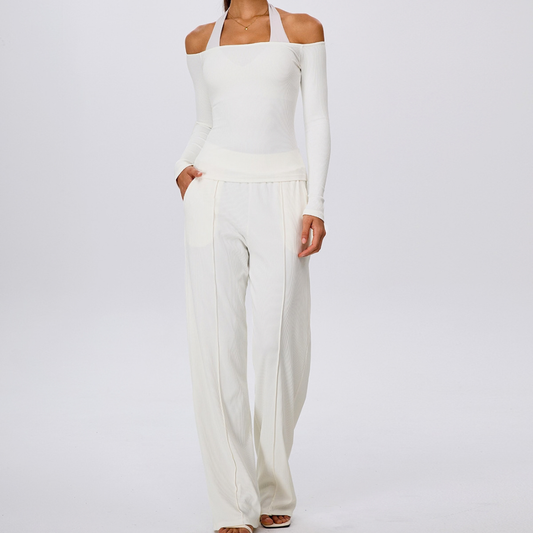 Wholesale Women's Padded Sports Bra+Off-Shoulder Long-Sleeve+Wide-Leg Pants Yoga Set