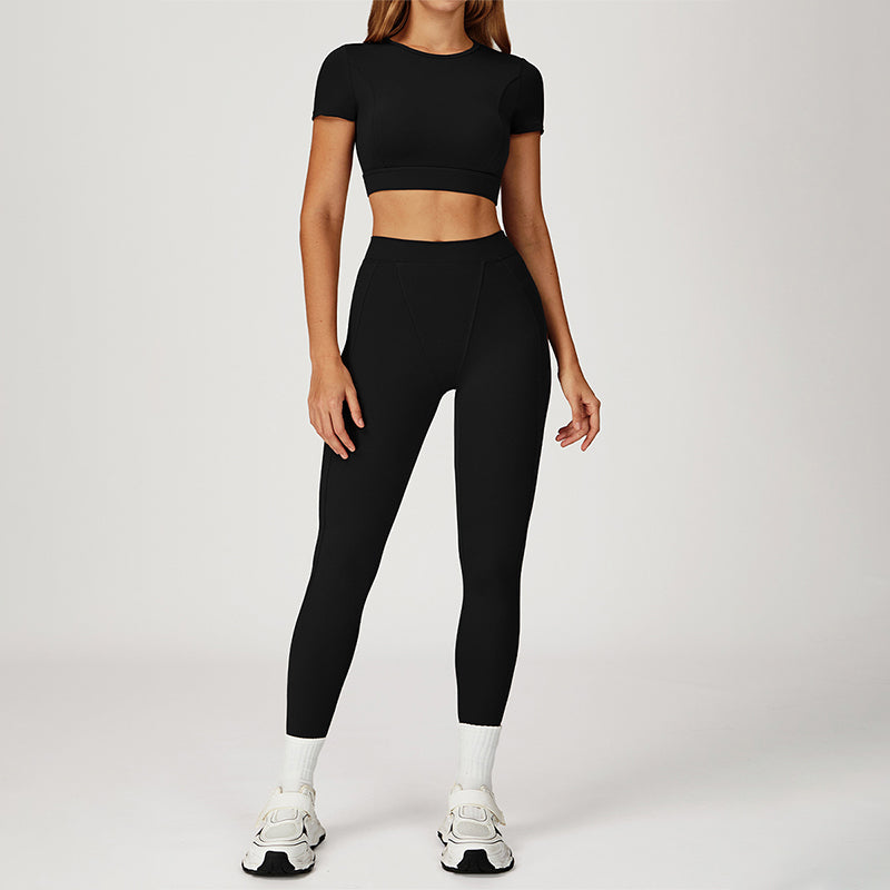 round-neck short sleeve sports crop top+high-waisted leggings set