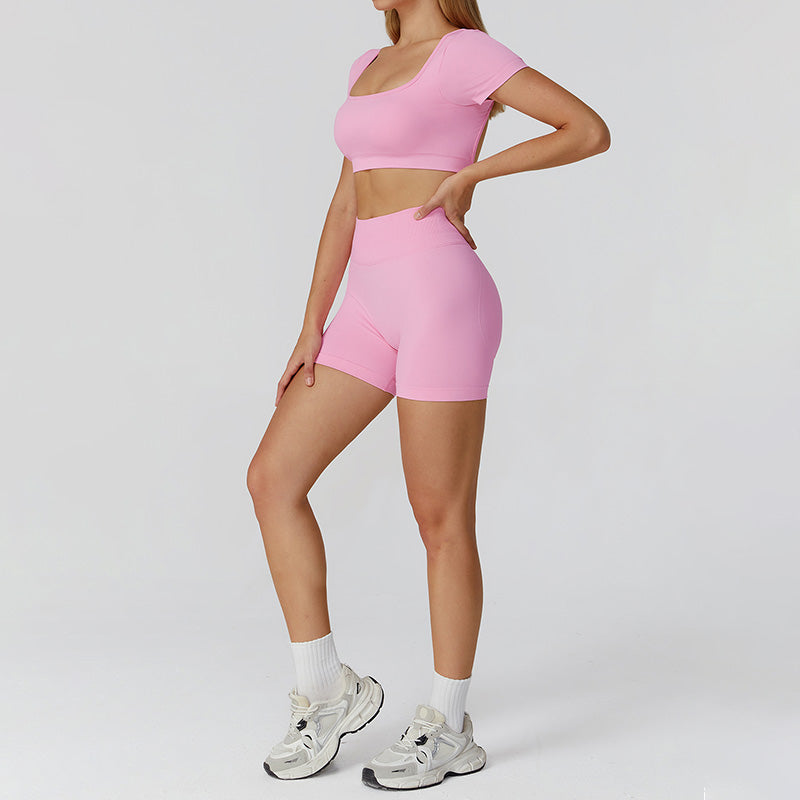 Sports de manga curta sem costura top + shorts de cintura alta