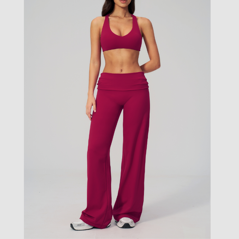 Wholesale Seam-Detail Sports Bra & Fold-up High-Waist Flare Leggings Set