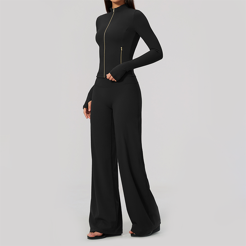 Wholesale Women's Zip-Up Yoga Jacket Set – Relaxed Wide-Leg Pants Activewear Set