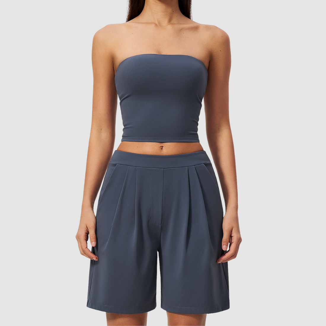 Wholesale Women’s Tube Top & Relaxed Shorts Yoga Set – Moisture-Wicking