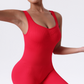 V-neck backless ribbed wide leg double strap yoga jumpsuit