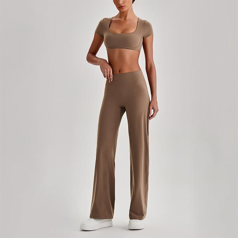Wholesale Women's Short Sleeve Exposed Back Bra+Naked Feel Straight Leg Pants Yoga Set