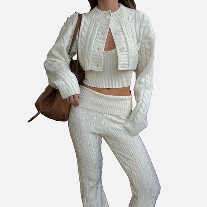 Short Cardigan + U-Neck Vest + Flare Pants