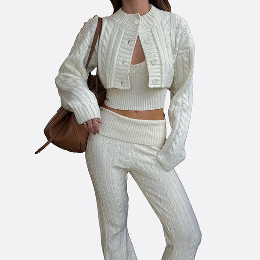 Short Cardigan + U-Neck Vest + Flare Pants