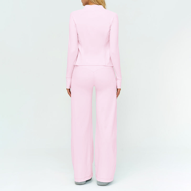 Stand collar zipper jacket + high-waisted loose wide-leg pants 2-piece set