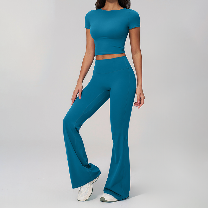 Wholesale Seam-Detail Cropped T-Shirt & Flare Leggings Set – Brushed Yoga 2-Piece