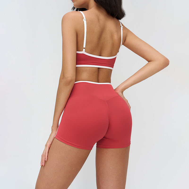 Women's Contrasting Color Thin Strap Sports Bra + Shorts 2-Piece Set