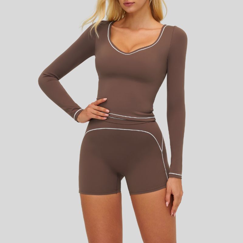 Color-blocked long-sleeved sports top+High waisted shorts 2-piece set