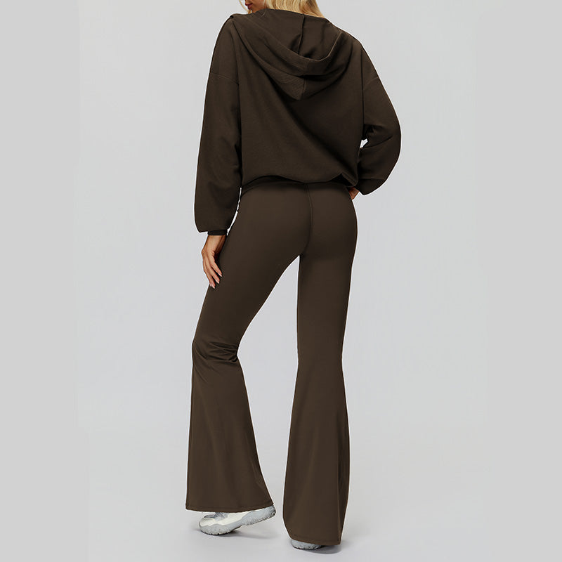 V-neck large hooded jacket+Sports tank top+High-waisted pleated back pants 3-piece set