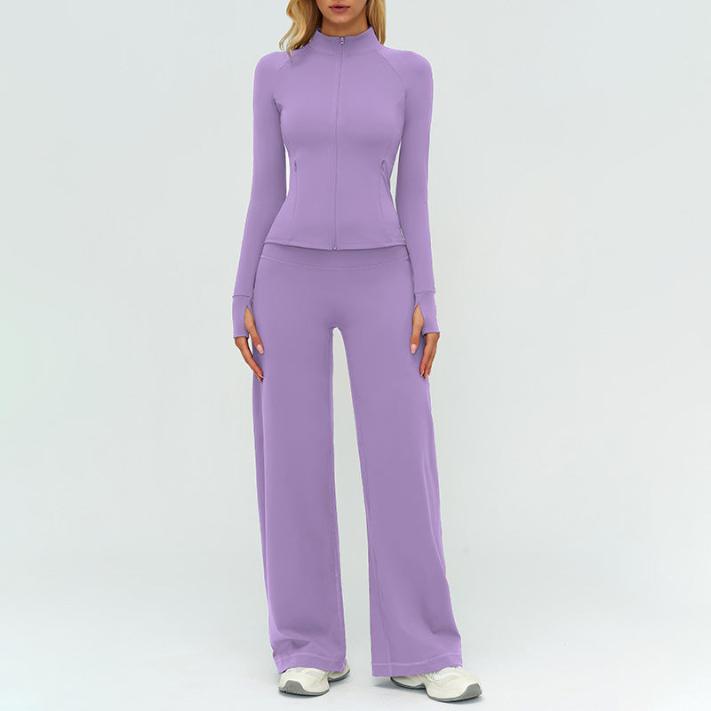 Stand collar zipper jacket + high-waisted loose wide-leg pants 2-piece set