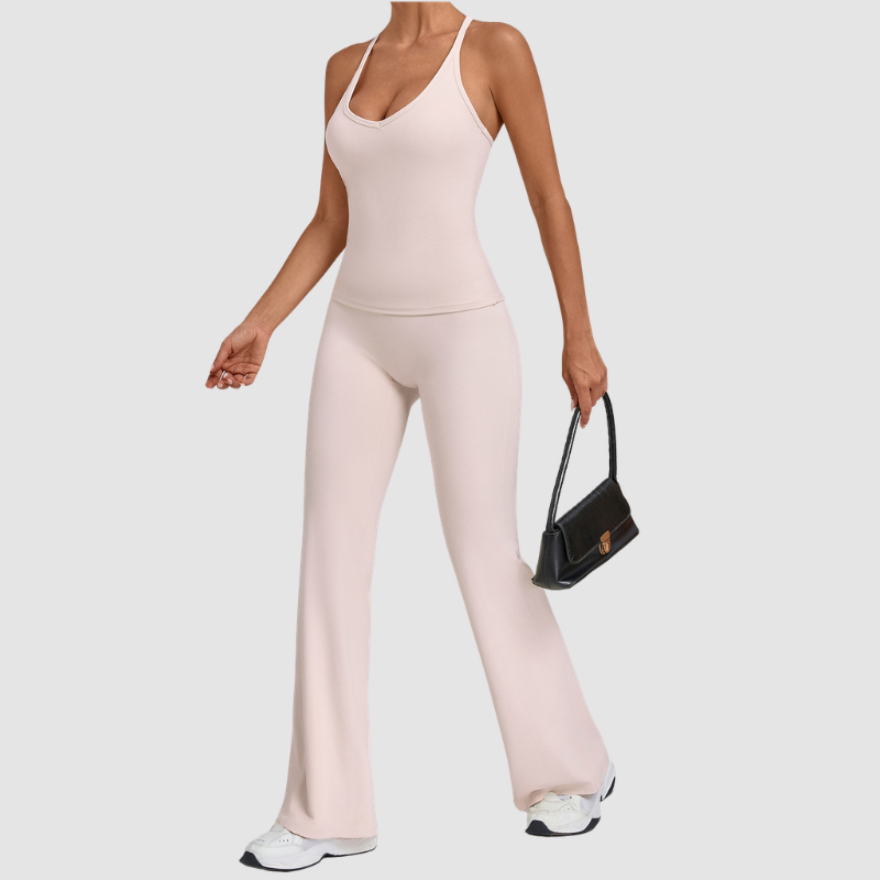 Wholesale Women's Racerback Yoga Set – Double-Layer Chest Pad Cross Waist Flare Pants