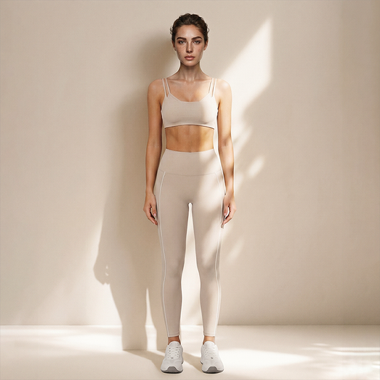 Wholesale Women's Naked-Feel Seam-Detail Sports Bra & Leggings Set – Contrast Stitch Sculpting 2-Piece Yoga Set