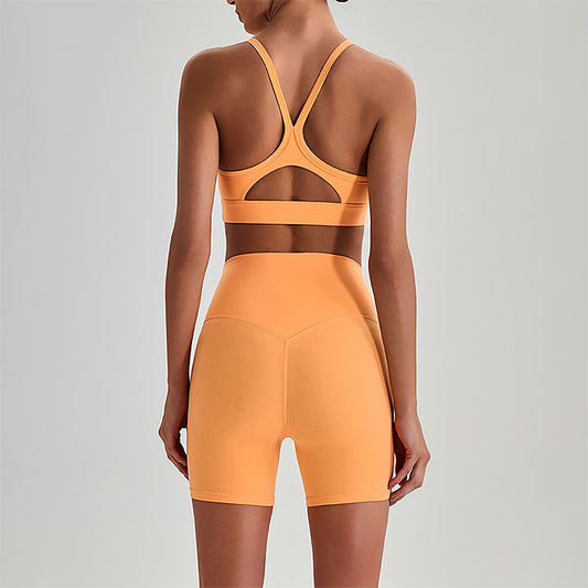 Wholesale Brushed Naked-Feel Open-Back Sports Bra & High-Waist Shorts Set – Sculpting Yoga 2-Piece