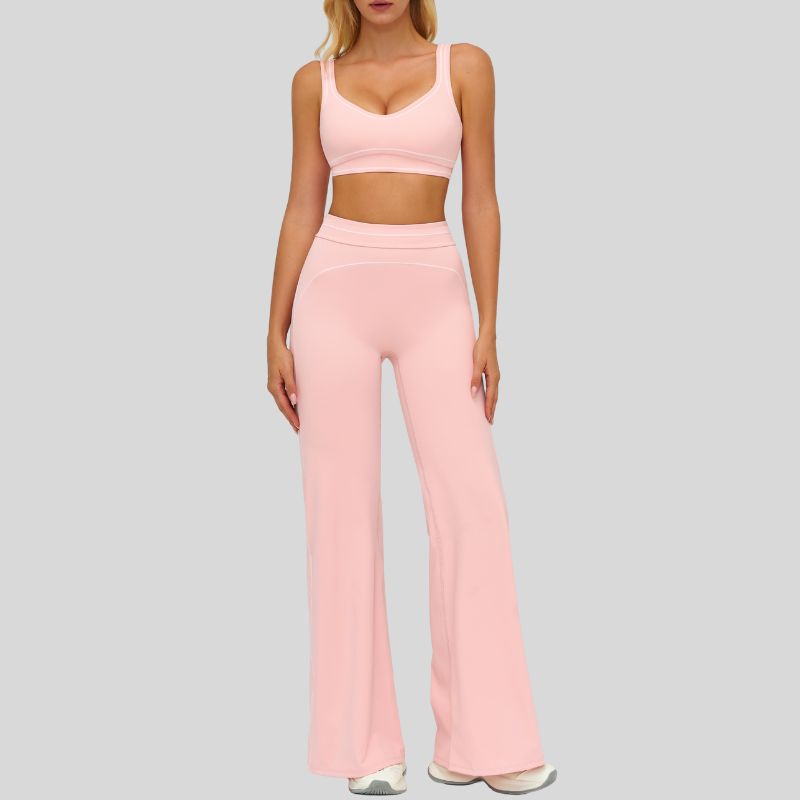 Contrasting bra with removable bra pads+High-waisted wide-leg pants 2-piece set