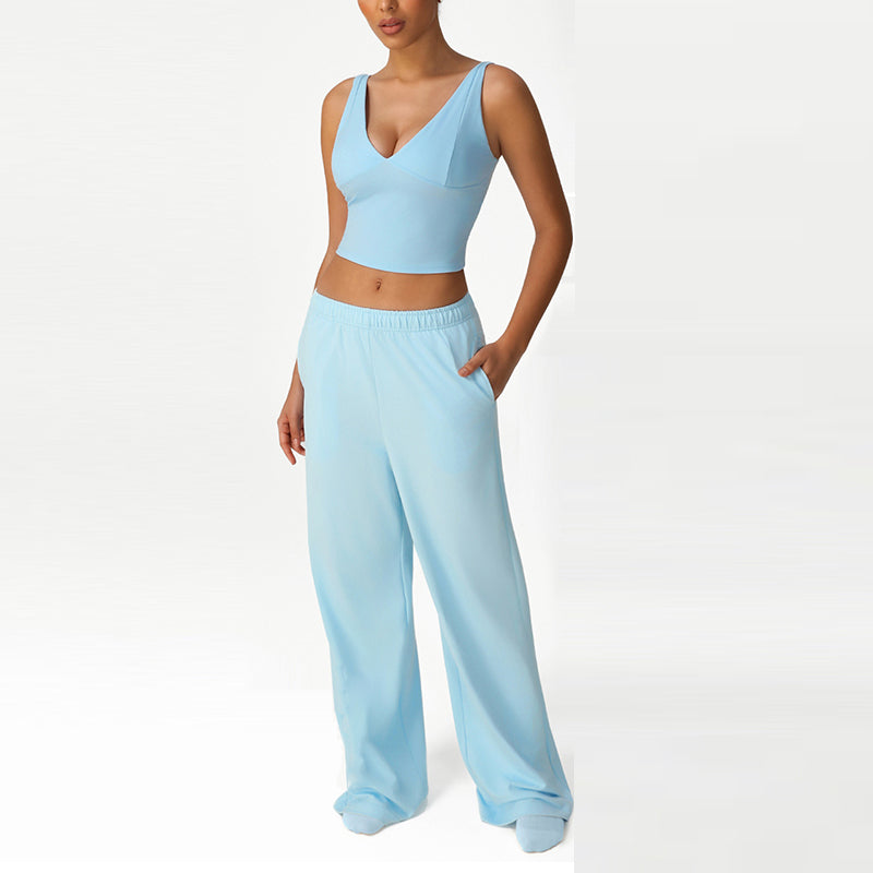 V-Neck Crop Top + Loose Sports Pants 2-Piece Set