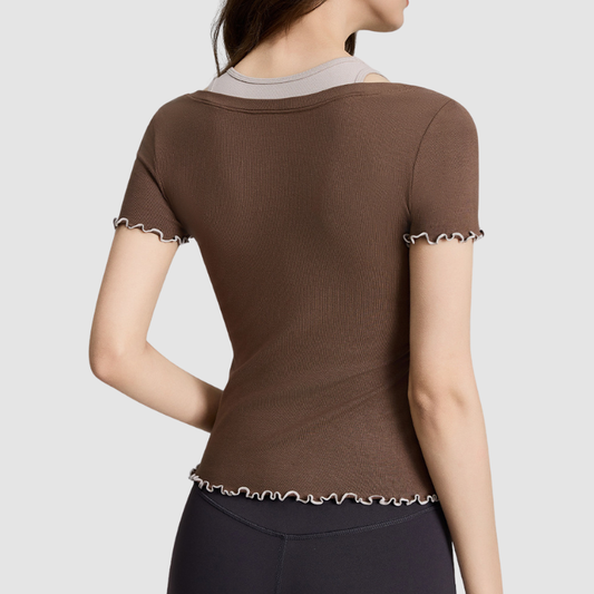 Wholesale Women's Faux Two-Piece Contrast Color Short-Sleeve Yoga Top – Slim Fit Activewear