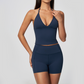 Wholesale Women's Halter Neck Yoga Set – Deep V-Neck Bra & High-Waist Shorts