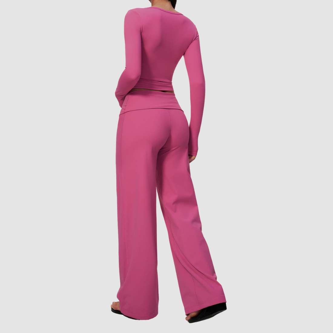 Wholesale Women's Brushed Yoga Set: Long-Sleeve Crop Top & Wide-Leg Pants