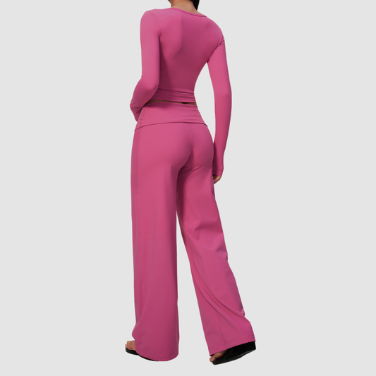 Wholesale Women's Brushed Yoga Set: Long-Sleeve Crop Top & Wide-Leg Pants