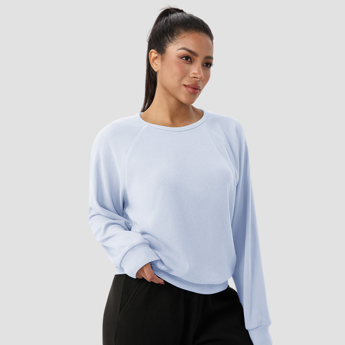 Women's Waffle Knit Crew Neck Long Sleeve Athletic T-Shirt