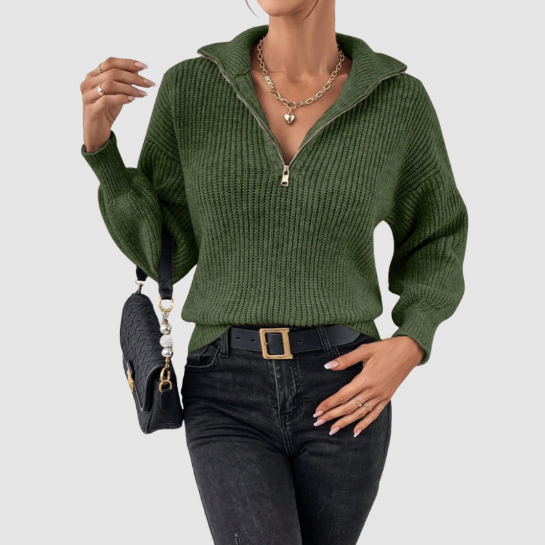 Wholesale Women's Sweaters Polo-Collar Zip Long-Sleeve Knit Sweater Top