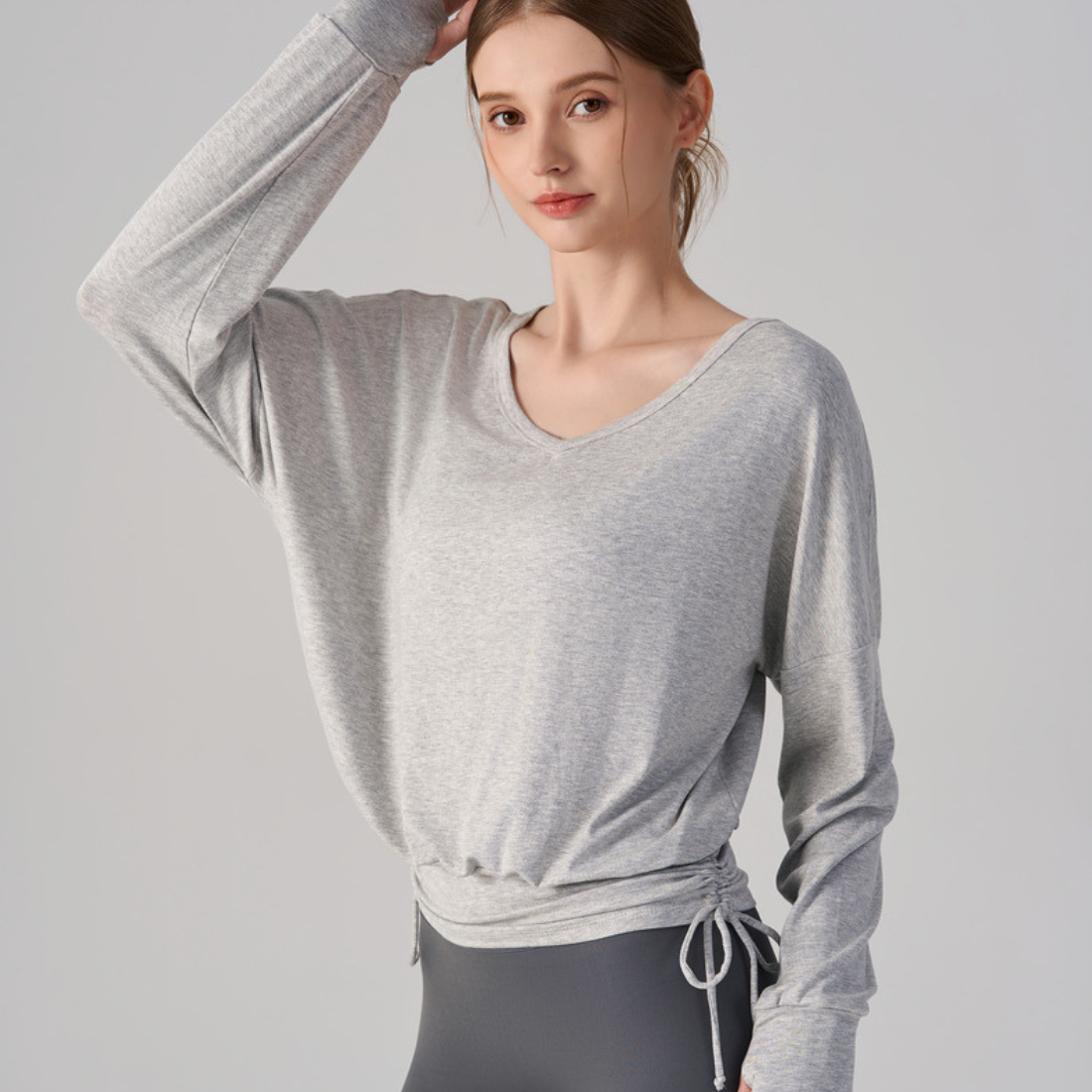 Wholesale V-Neck Batwing Sleeve Yoga Cover-up – Loose Drawstring T-Shirt