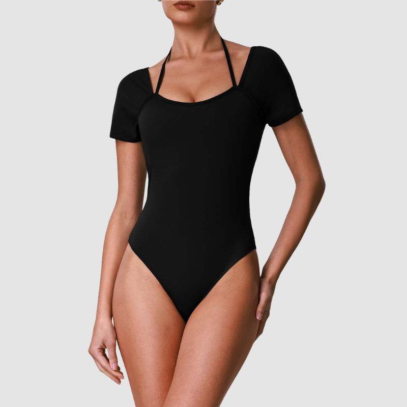 Wholesale Women's Cut-Out Open Back Short Sleeve Yoga Bodysuit – Built-In Bra Pad Gym Fitness One-Piece
