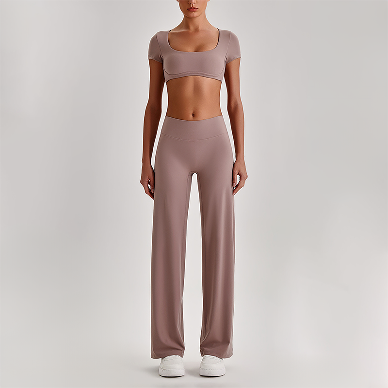 Wholesale Women's Short Sleeve Exposed Back Bra+Naked Feel Straight Leg Pants Yoga Set