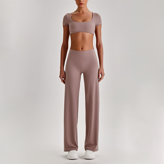 Wholesale Women's Short Sleeve Exposed Back Bra+Naked Feel Straight Leg Pants Yoga Set