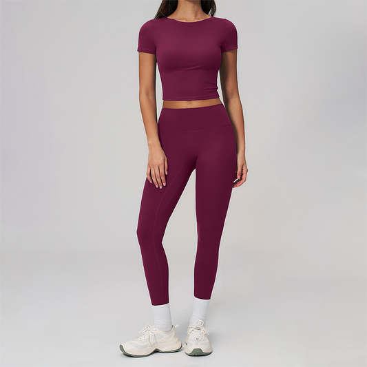 Wholesale Seam-Detail Cropped T-Shirt & High-Waist Leggings Set – Brushed Yoga 2-Piece