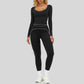 Color-blocked long-sleeved sports top+High waisted leggings 2-piece set