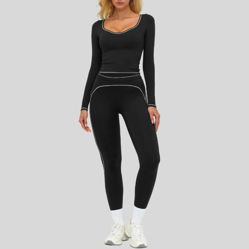 Color-blocked long-sleeved sports top+High waisted leggings 2-piece set