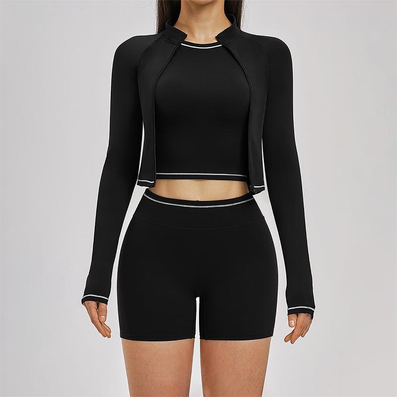 Color blocked Sports jacket+Sport vest+Tight shorts Running fitness 3-piece set