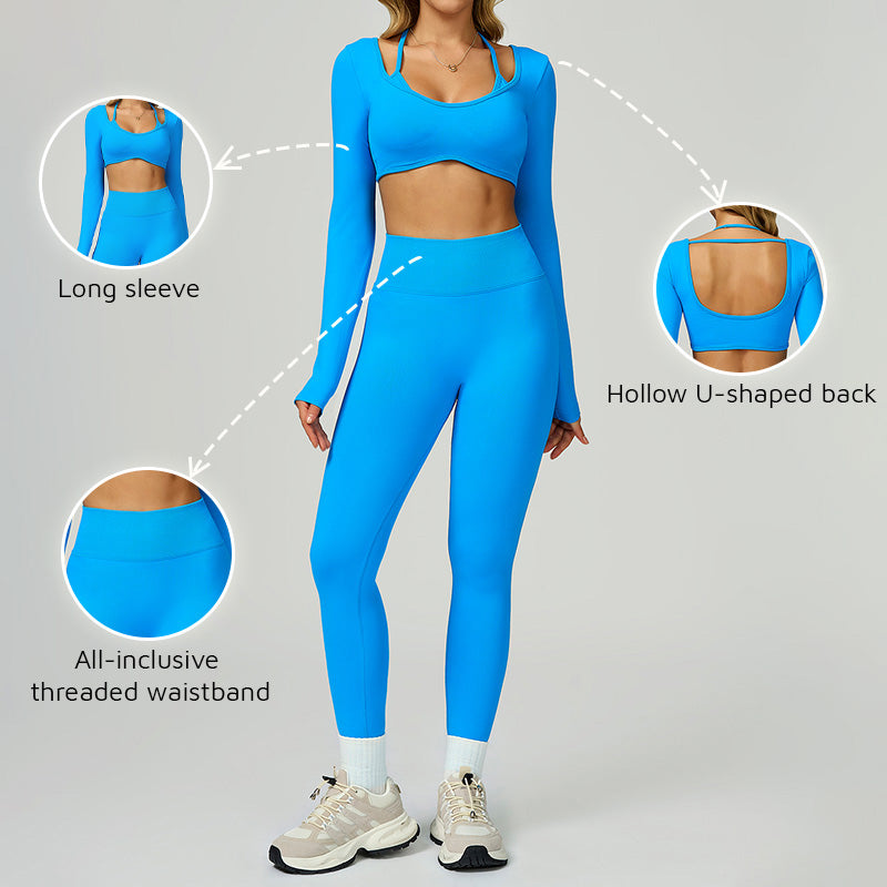 Seamless halter long sleeve top + High-waisted leggings 2-Piece Set