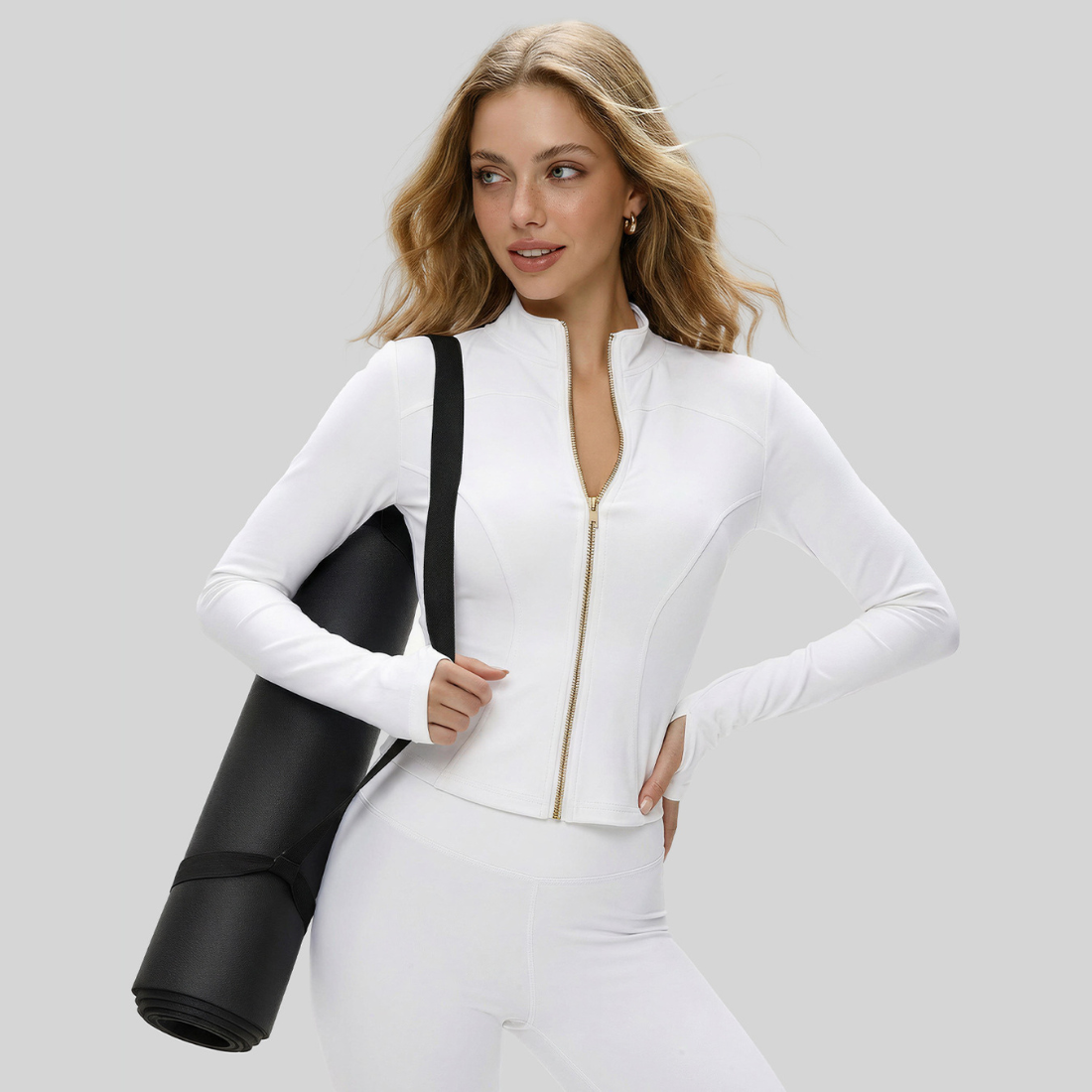 Women's Slim Fit Long Sleeve Yoga Jacket with Gold Zipper