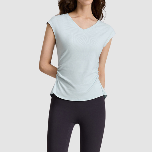 Wholesale Women's V-Neck Open-Back Short Sleeve Yoga T-Shirt – Pilates Bare-Feel Fitness Top
