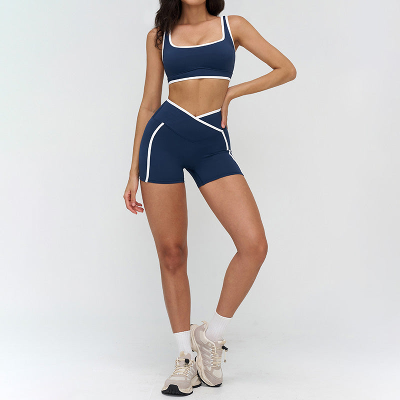 Women's contrasting color sports bra + high-waisted shorts 2-piece set