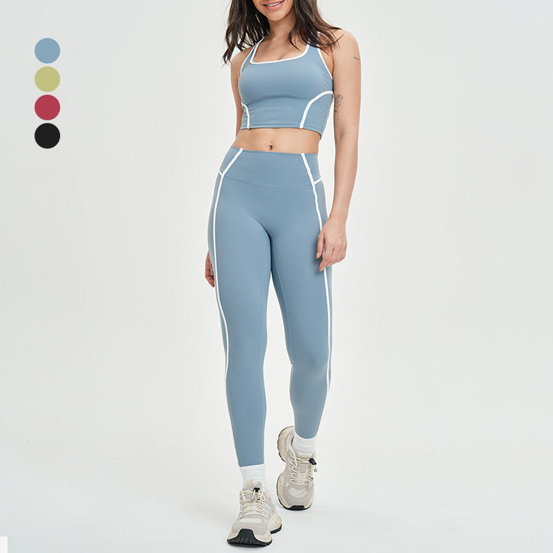 Women's contrasting color backless tank top + high-waisted leggings 2-piece set