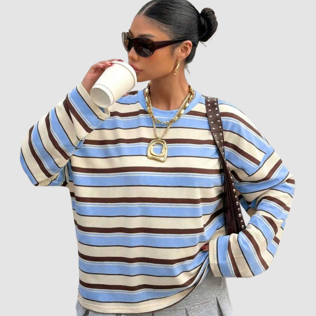 Wholesale Women's Striped  Loose Colorblock Long Sleeve Round-Neck Sweatshirt