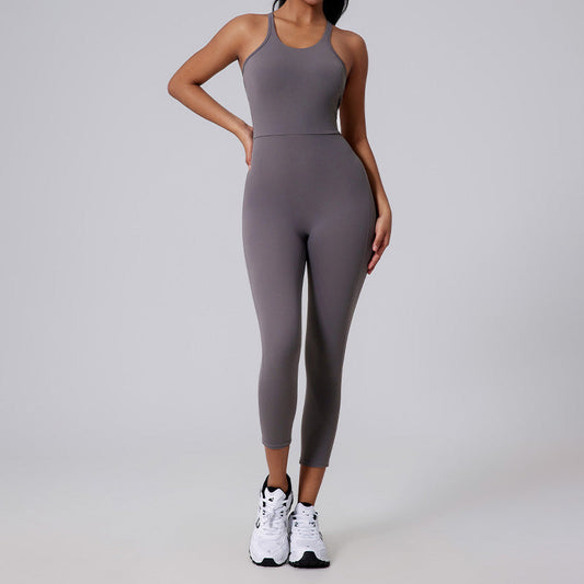 Brushed nude V-shaped back long pants yoga jumpsuit