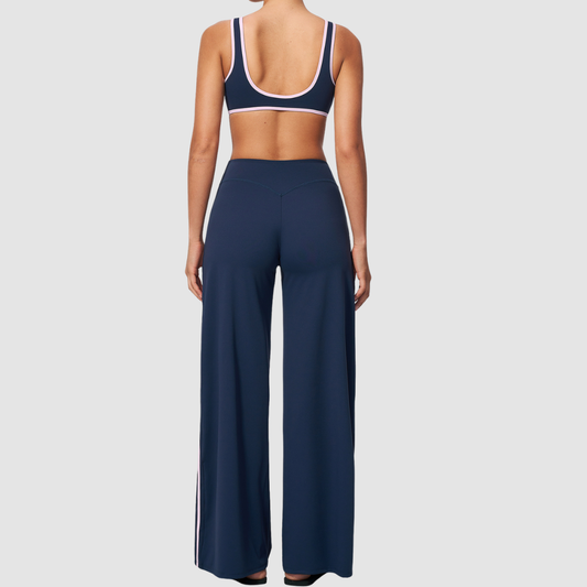 Nude-feel deep V bra + high waist + high-waisted color-blocked pants 2-piece set
