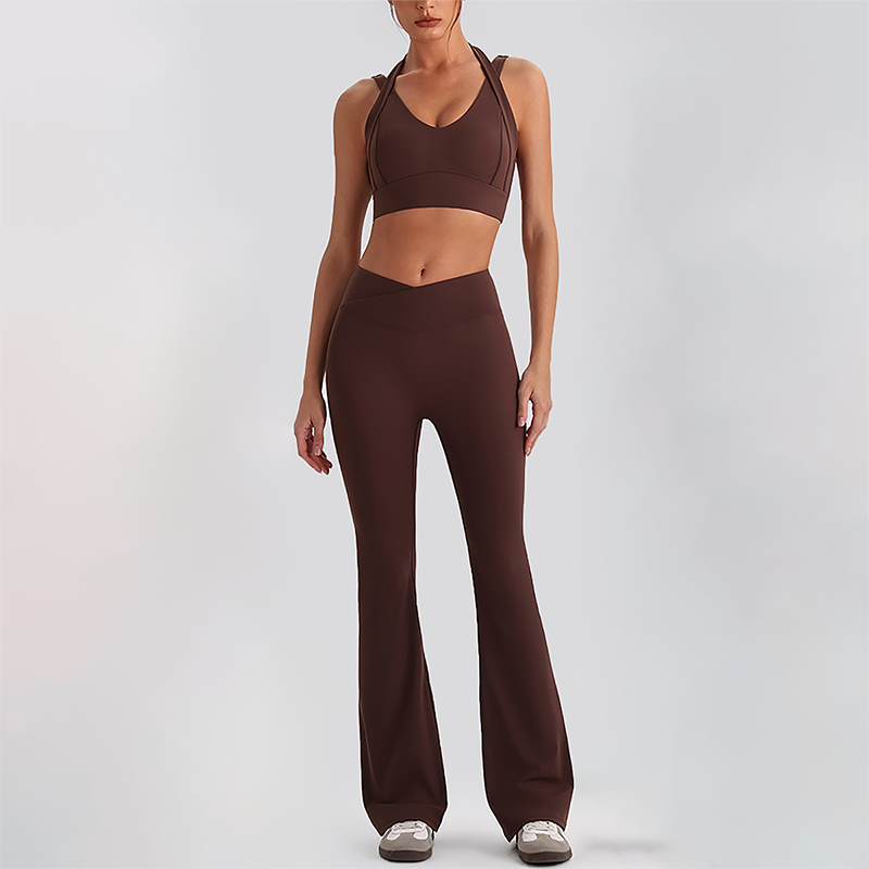 Wholesale Women's Open-Back Long Sleeve Crop Top & High Waist Leggings Set with Chest Pad