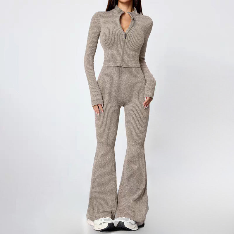 Women's knitted zippered fitted top + body-hugging flared pants 2-piece set