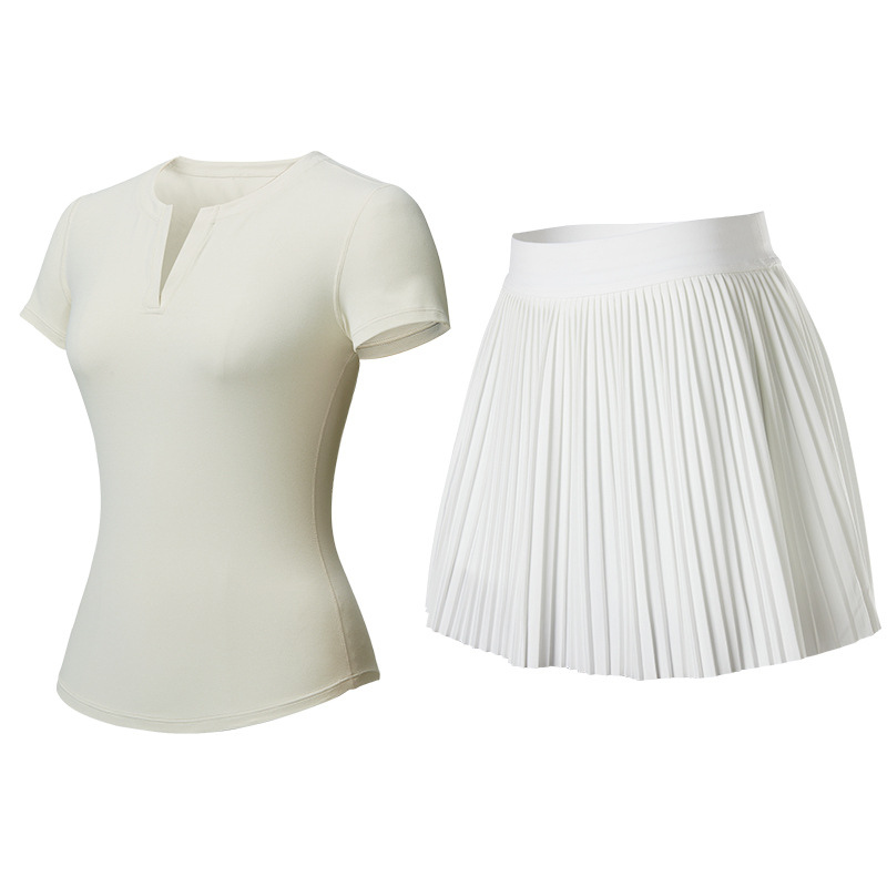 Wholesale Women's V-Neck Open-Back Short Sleeve Top & Pleated Skirt Set