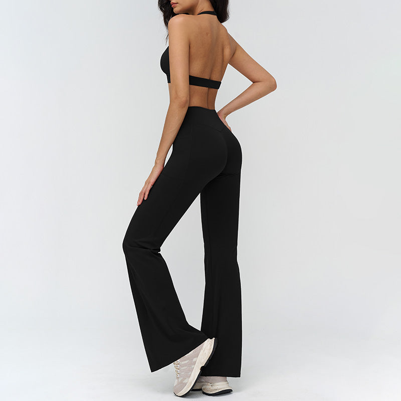 Halterneck backless bra + Flared pants 2-piece set