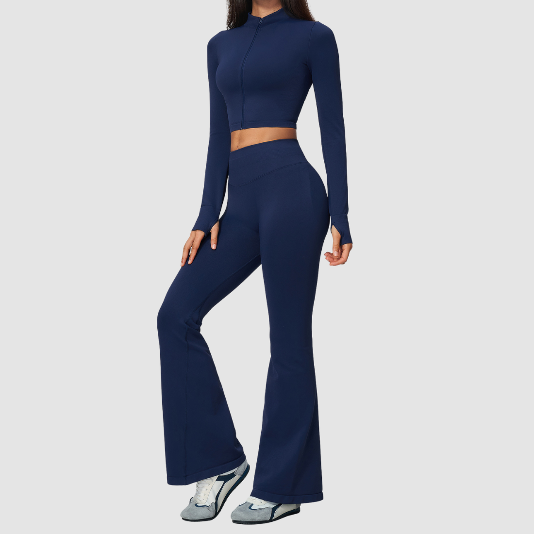 Wholesale Women's Stand-Collar Zip Jacket & Flared Yoga Pants Set
