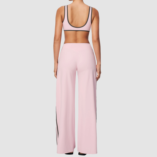 Nude-feel deep V bra + high waist + high-waisted color-blocked pants 2-piece set